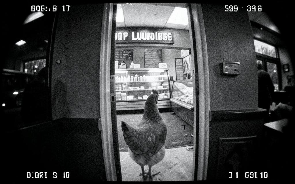 Grainy black and white surveillance frame showing Mable the chicken at Top Hat Delicatessen in Fort Lauderdale